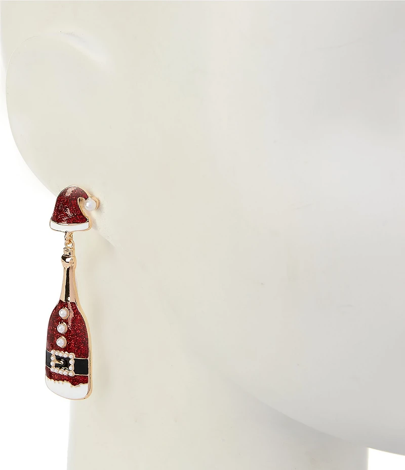 Merry & Bright Santa Christmas Champagne Bottle Drop Earrings