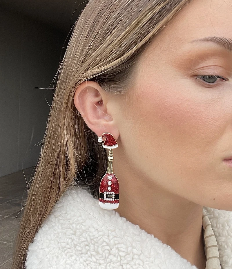 Merry & Bright Santa Christmas Champagne Bottle Drop Earrings