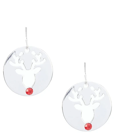 Merry & Bright Siam Stone Christmas Reindeer Disc Drop Earrings