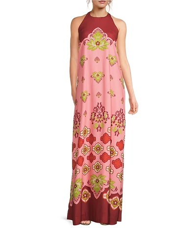 Mestiza New York Adelina Crepe Flamingo Flourish Print Scoop Neck Sleeveless Maxi Dress