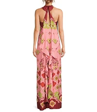 Mestiza New York Adelina Crepe Flamingo Flourish Print Scoop Neck Sleeveless Maxi Dress