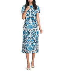 Mestiza New York Adria Floral Print Boat Neck Bow Detail Pocketed Column Midi Dress