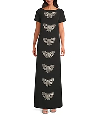 Mestiza New York Adria Woven Beaded Bow Applique Round Neck Short Sleeve Column Gown