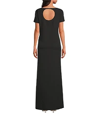 Mestiza New York Adria Woven Beaded Bow Applique Round Neck Short Sleeve Column Gown