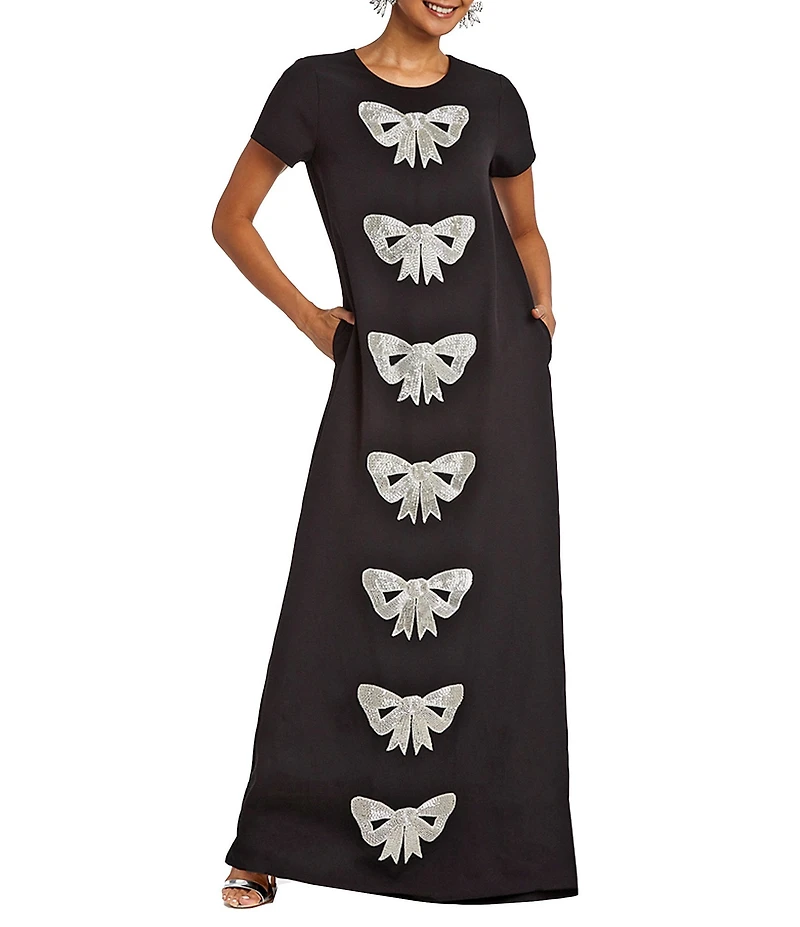 Mestiza New York Adria Woven Beaded Bow Applique Round Neck Short Sleeve Column Gown