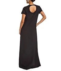 Mestiza New York Adria Woven Beaded Bow Applique Round Neck Short Sleeve Column Gown