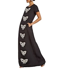 Mestiza New York Adria Woven Beaded Bow Applique Round Neck Short Sleeve Column Gown