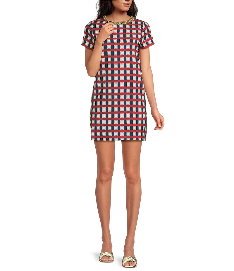 Mestiza New York Ainslee Midnight Gingham Round Jeweled Neck Short Sleeve Mini Dress