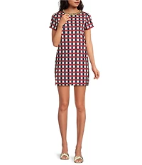 Mestiza New York Ainslee Midnight Gingham Round Jeweled Neck Short Sleeve Mini Dress