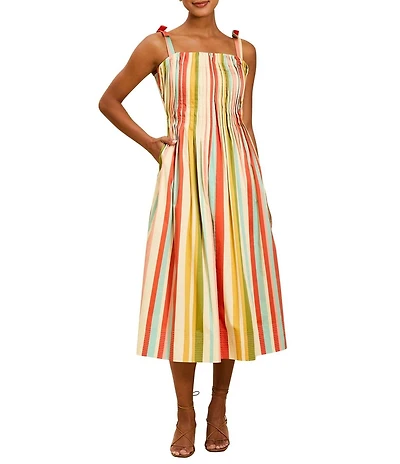 Mestiza New York Anais Pintucked Stripe Square Neck Sleeveless Midi Dress