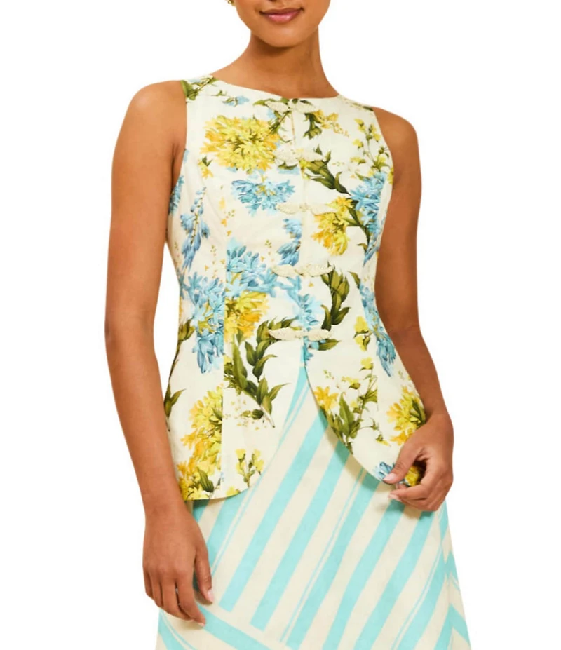 Mestiza New York Annelise Verdant Blooms Print Boat Neck Sleeveless Peplum Vest