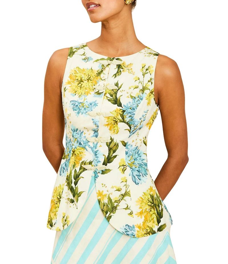 Mestiza New York Annelise Verdant Blooms Print Boat Neck Sleeveless Peplum Vest