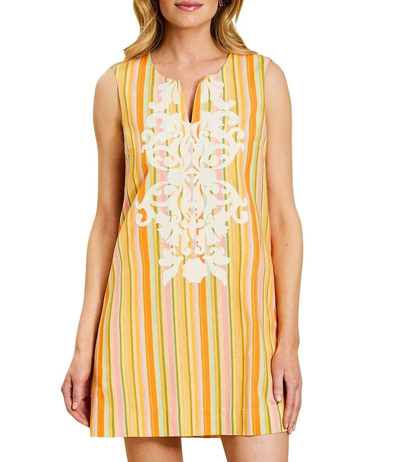 Mestiza New York Belize Stripe Embroidered Split V-Neck Sleeveless Shift Mini Dress