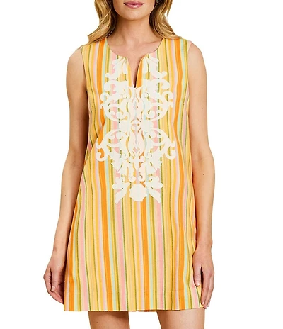 Mestiza New York Belize Stripe Embroidered Split V-Neck Sleeveless Shift Mini Dress