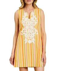 Mestiza New York Belize Stripe Embroidered Split V-Neck Sleeveless Shift Mini Dress