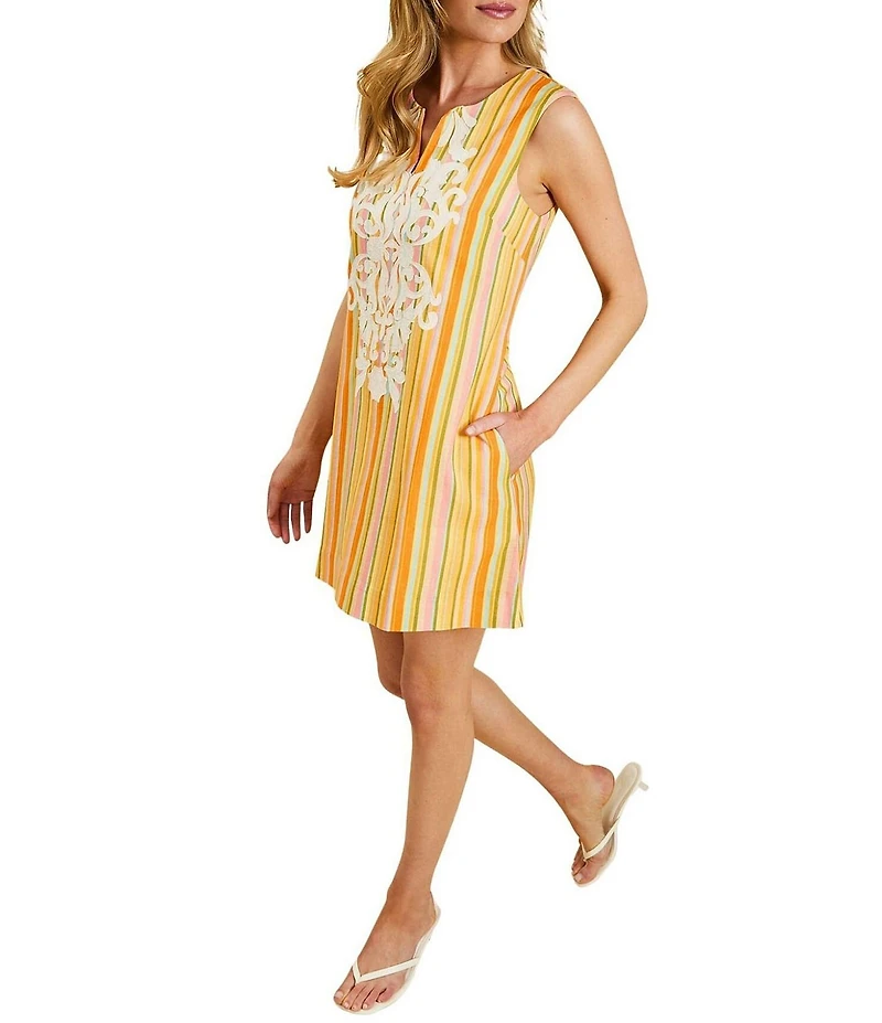 Mestiza New York Belize Stripe Embroidered Split V-Neck Sleeveless Shift Mini Dress