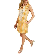 Mestiza New York Belize Stripe Embroidered Split V-Neck Sleeveless Shift Mini Dress