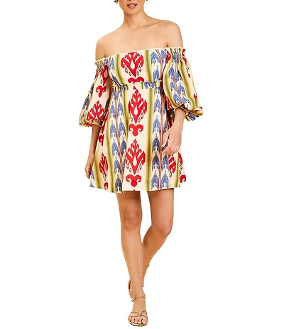 Mestiza New York Benny Cotton-Blend Ikat Motif Off-the-Shoulder 3/4 Sleeve Dress
