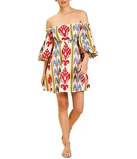 Mestiza New York Benny Cotton-Blend Ikat Motif Off-the-Shoulder 3/4 Sleeve Dress