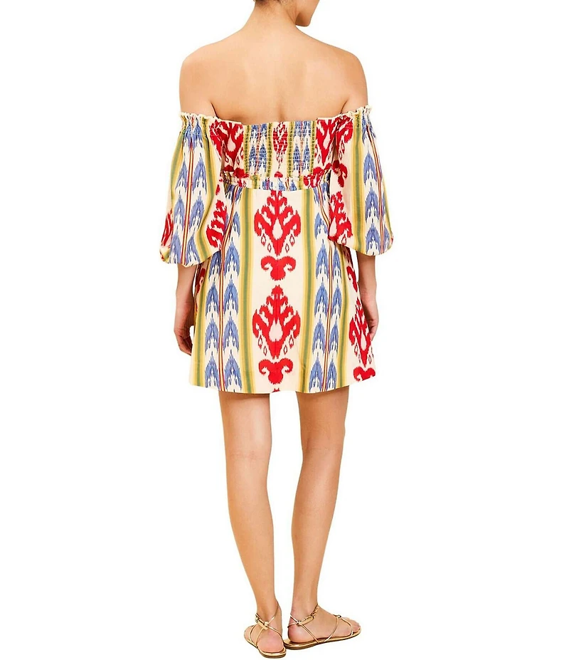 Mestiza New York Benny Cotton-Blend Ikat Motif Off-the-Shoulder 3/4 Sleeve Dress