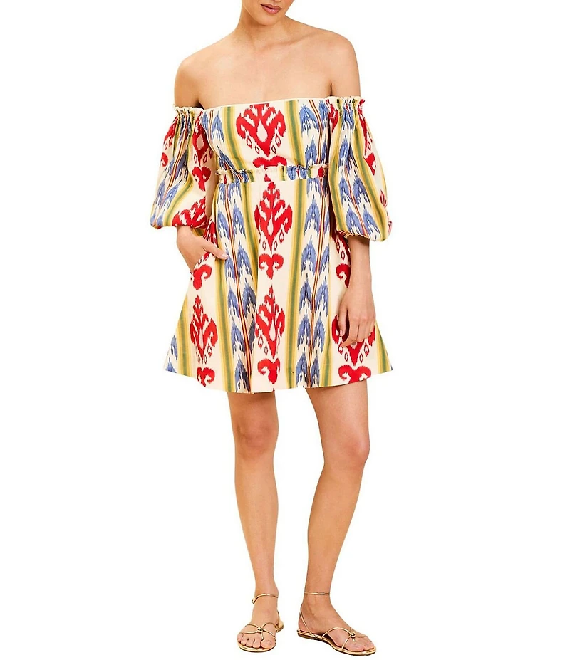 Mestiza New York Benny Cotton-Blend Ikat Motif Off-the-Shoulder 3/4 Sleeve Dress