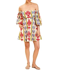 Mestiza New York Benny Cotton-Blend Ikat Motif Off-the-Shoulder 3/4 Sleeve Dress