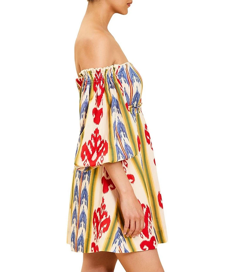 Mestiza New York Benny Cotton-Blend Ikat Motif Off-the-Shoulder 3/4 Sleeve Dress
