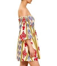 Mestiza New York Benny Cotton-Blend Ikat Motif Off-the-Shoulder 3/4 Sleeve Dress