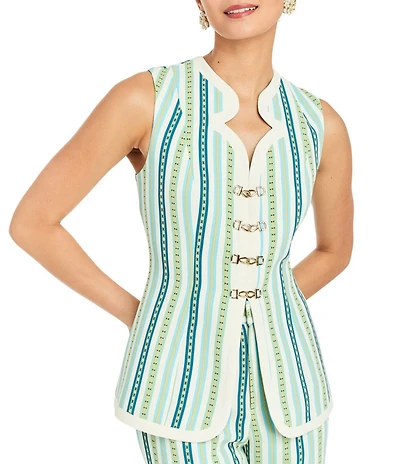 Mestiza New York Blair Catena Stripe Coordinating Notch V-Neck Sleeveless Gold Clasp Vest