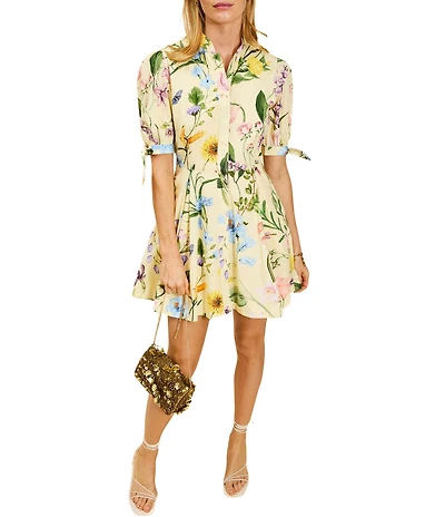 Mestiza New York Brooklyn Blooming Vine Poplin Mandarin Collar Neckline Elbow Length Sleeves A-Line Mini Dress