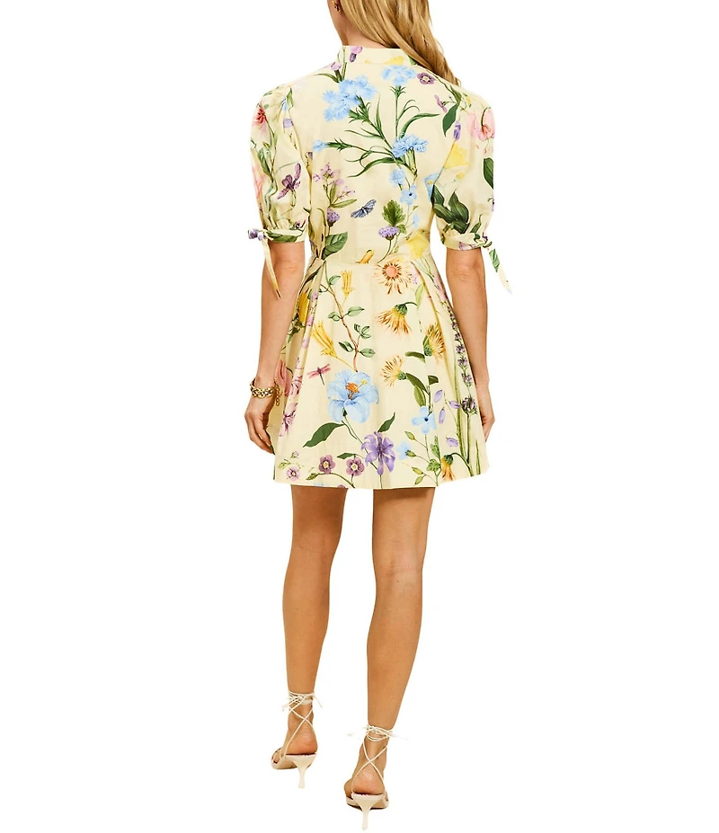 Mestiza New York Brooklyn Blooming Vine Poplin Mandarin Collar Neckline Elbow Length Sleeves A-Line Mini Dress