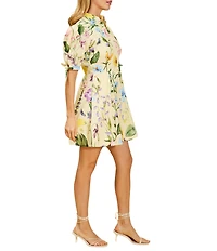 Mestiza New York Brooklyn Blooming Vine Poplin Mandarin Collar Neckline Elbow Length Sleeves A-Line Mini Dress