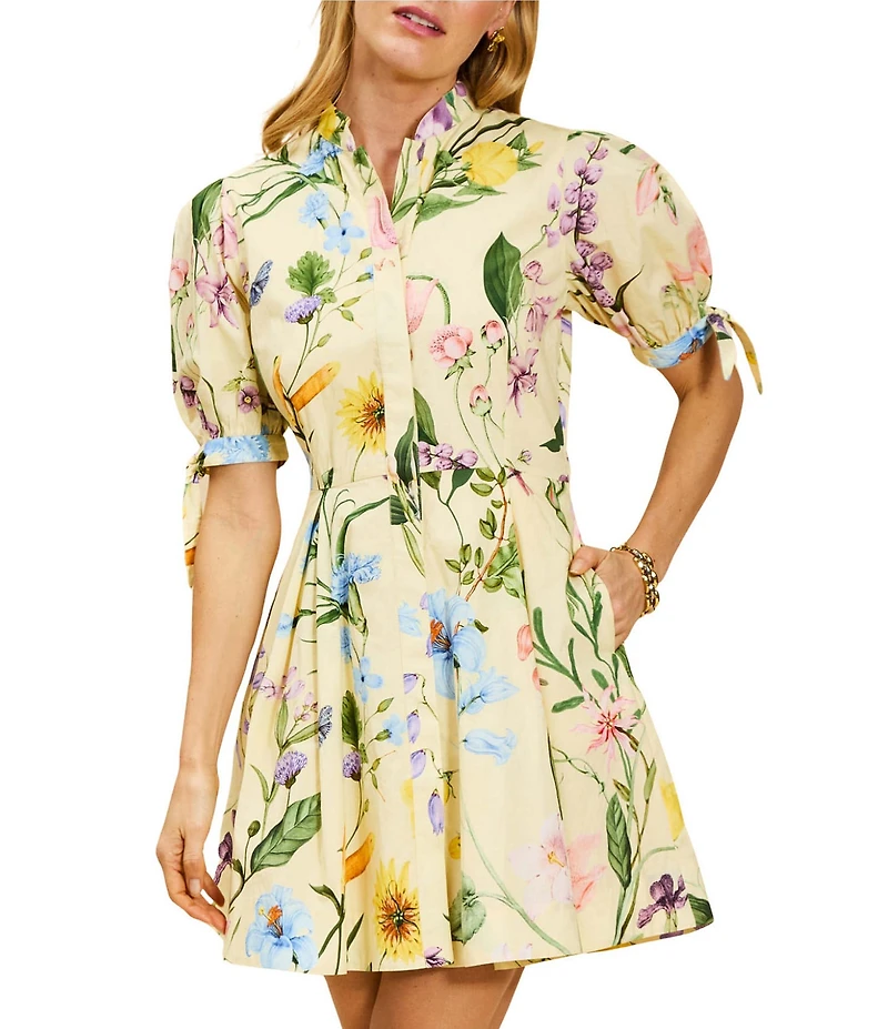 Mestiza New York Brooklyn Blooming Vine Poplin Mandarin Collar Neckline Elbow Length Sleeves A-Line Mini Dress