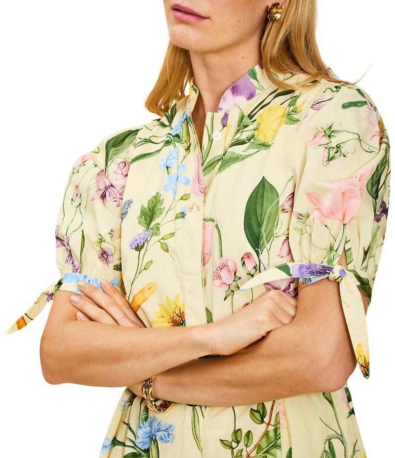 Mestiza New York Brooklyn Blooming Vine Poplin Mandarin Collar Neckline Elbow Length Sleeves A-Line Mini Dress