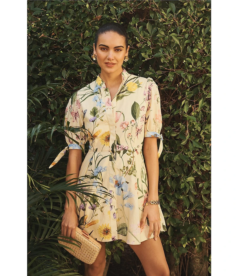 Mestiza New York Brooklyn Blooming Vine Poplin Mandarin Collar Neckline Elbow Length Sleeves A-Line Mini Dress