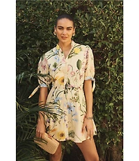 Mestiza New York Brooklyn Blooming Vine Poplin Mandarin Collar Neckline Elbow Length Sleeves A-Line Mini Dress