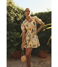 Mestiza New York Brooklyn Blooming Vine Poplin Mandarin Collar Neckline Elbow Length Sleeves A-Line Mini Dress