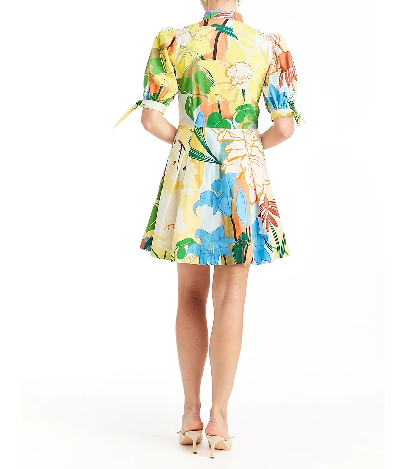 Mestiza New York Brooklyn Primrose Floral Mandarin Collar Elbow Puff Sleeve Tie Waist Mini Dress