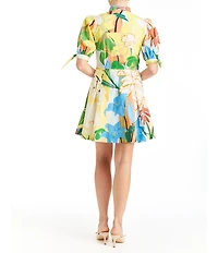 Mestiza New York Brooklyn Primrose Floral Mandarin Collar Elbow Puff Sleeve Tie Waist Mini Dress
