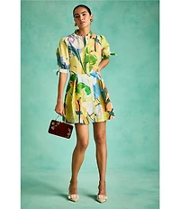 Mestiza New York Brooklyn Primrose Floral Mandarin Collar Elbow Puff Sleeve Tie Waist Mini Dress