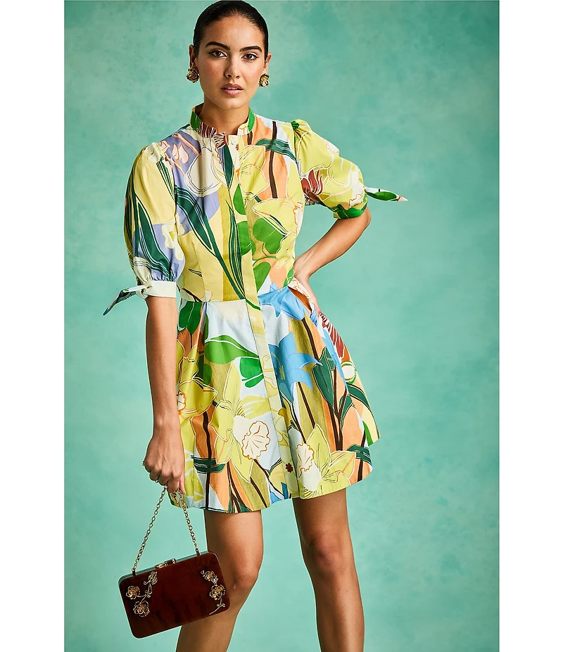 Mestiza New York Brooklyn Primrose Floral Mandarin Collar Elbow Puff Sleeve Tie Waist Mini Dress