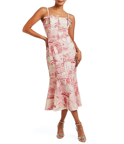 Mestiza New York Calista Toile Printed Stretch Crepe Micro Bow Sleeveless Midi Fit and Flare Dress