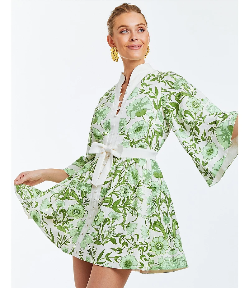 Mestiza New York Carmen Floral Print Mandarin Collar 3/4 Full Sleeve Mini A-Line Dress