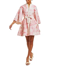 Mestiza New York Carmen Toile Print Button Up Mandarin Collar Butterfly 3/4 Sleeve Bow Tie Waist Mini A-Line Dress