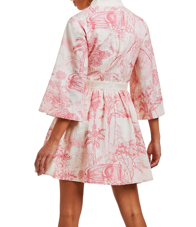 Mestiza New York Carmen Toile Print Button Up Mandarin Collar Butterfly 3/4 Sleeve Bow Tie Waist Mini A-Line Dress