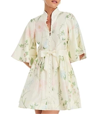 Mestiza New York Carmen Pastel Floral Print Mandarin Collar 3/4 Full Sleeve Mini A-Line Dress