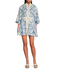 Mestiza New York Carmen Floral Print Mandarin Collar 3/4 Full Sleeve Tie-Waist Mini A-Line Dress