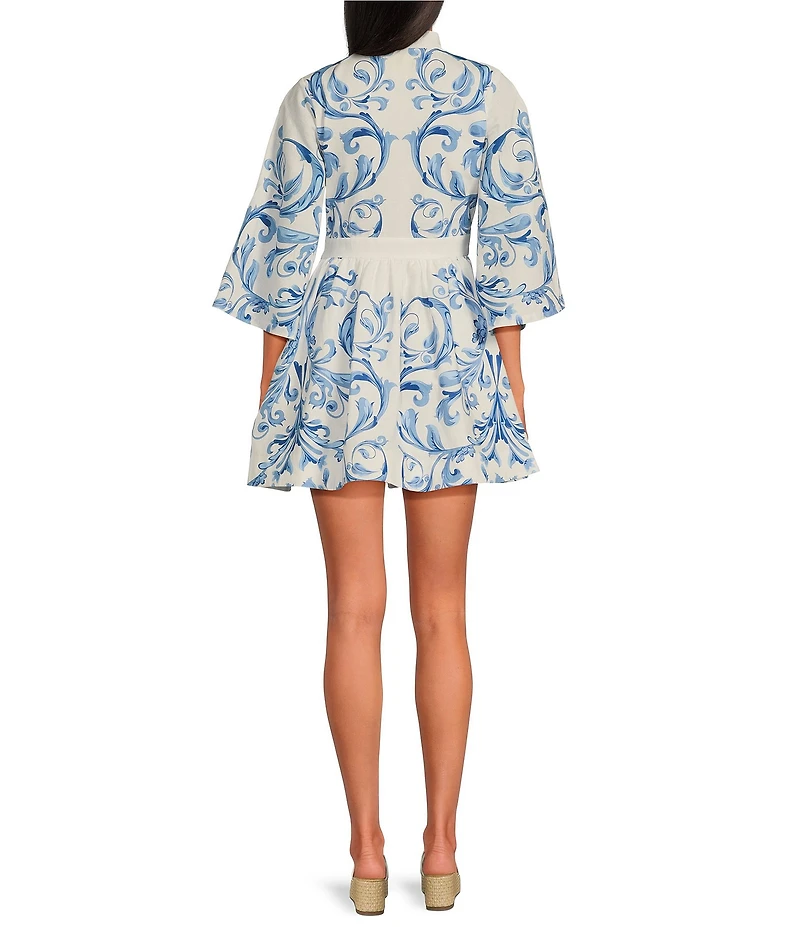 Mestiza New York Carmen Floral Print Mandarin Collar 3/4 Full Sleeve Tie-Waist Mini A-Line Dress