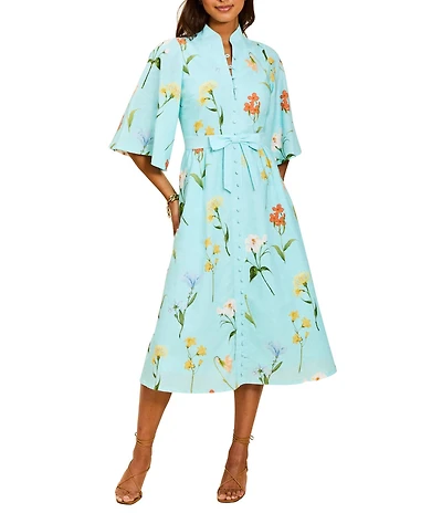 Mestiza New York Carmen Garden Waltz Print Mandarin Collar 3/4 Butterfly Sleeve Midi Dress