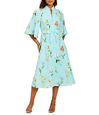 Mestiza New York Carmen Garden Waltz Print Mandarin Collar 3/4 Butterfly Sleeve Midi Dress